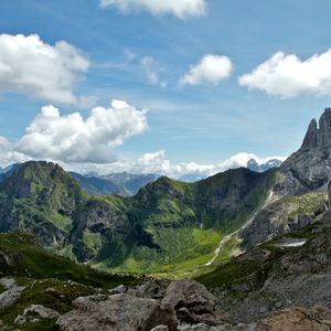 Preview wallpaper valley, mountains, rocks, sky, clouds