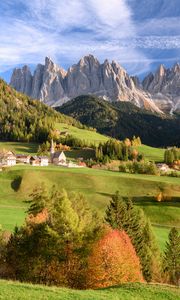 Preview wallpaper valley, mountains, rocks, trees, houses