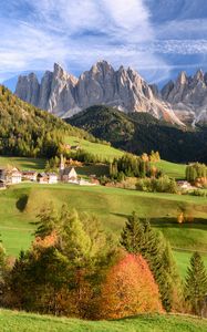 Preview wallpaper valley, mountains, rocks, trees, houses