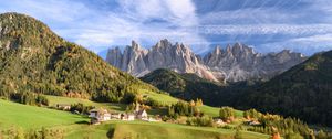 Preview wallpaper valley, mountains, rocks, trees, houses