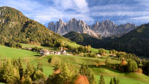 Preview wallpaper valley, mountains, rocks, trees, houses