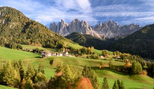 Preview wallpaper valley, mountains, rocks, trees, houses