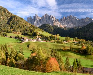 Preview wallpaper valley, mountains, rocks, trees, houses