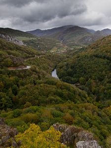 Preview wallpaper valley, mountains, trees, forest, river