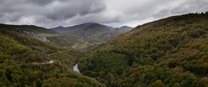 Preview wallpaper valley, mountains, trees, forest, river