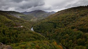 Preview wallpaper valley, mountains, trees, forest, river