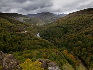 Preview wallpaper valley, mountains, trees, forest, river