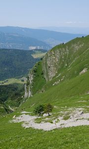 Preview wallpaper valley, mountains, trees, grass, landscape