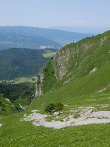 Preview wallpaper valley, mountains, trees, grass, landscape