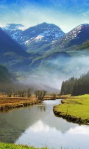 Preview wallpaper valley of angels, mountains, meadow, river, animals, grass, greens