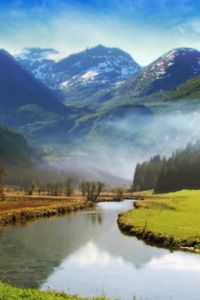 Preview wallpaper valley of angels, mountains, meadow, river, animals, grass, greens