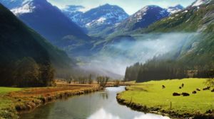 Preview wallpaper valley of angels, mountains, meadow, river, animals, grass, greens
