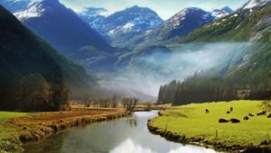 Preview wallpaper valley of angels, mountains, meadow, river, animals, grass, greens