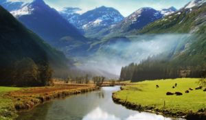 Preview wallpaper valley of angels, mountains, meadow, river, animals, grass, greens