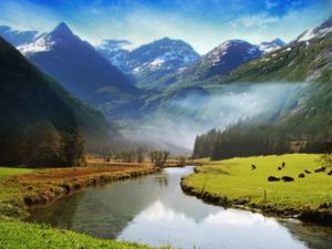 Preview wallpaper valley of angels, mountains, meadow, river, animals, grass, greens