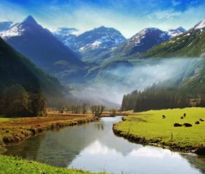 Preview wallpaper valley of angels, mountains, meadow, river, animals, grass, greens