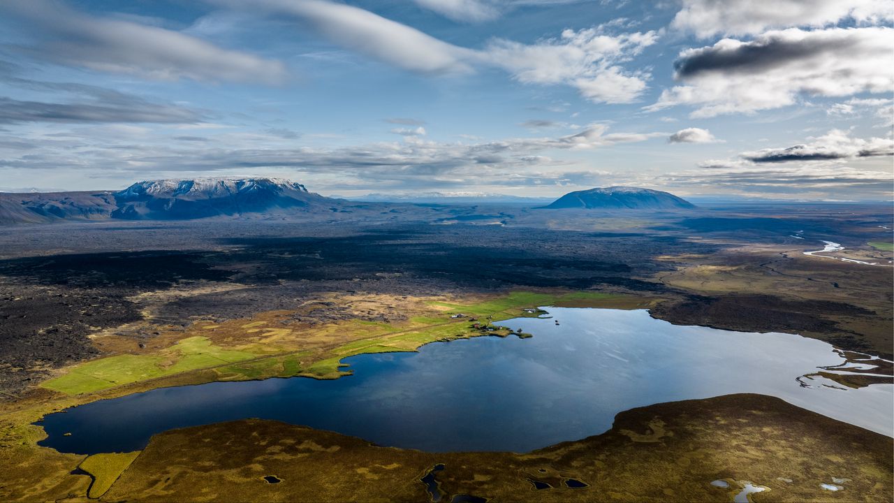 Wallpaper valley, pond, mountains, sky, nature