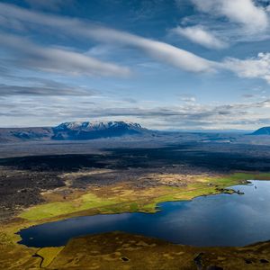 Preview wallpaper valley, pond, mountains, sky, nature