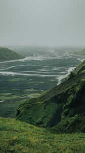 Preview wallpaper valley, river, aerial view, fog, nature