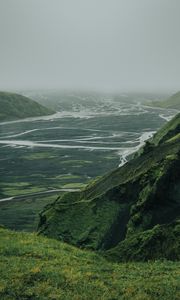 Preview wallpaper valley, river, aerial view, fog, nature