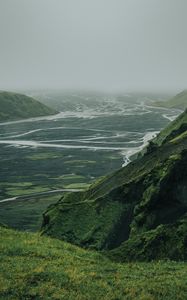 Preview wallpaper valley, river, aerial view, fog, nature