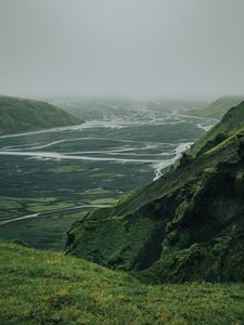 Preview wallpaper valley, river, aerial view, fog, nature