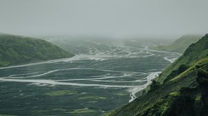 Preview wallpaper valley, river, aerial view, fog, nature