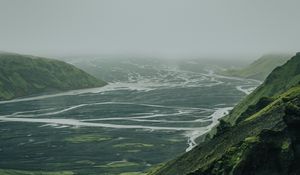 Preview wallpaper valley, river, aerial view, fog, nature