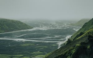 Preview wallpaper valley, river, aerial view, fog, nature