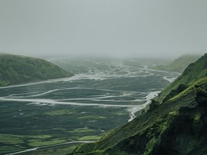 Preview wallpaper valley, river, aerial view, fog, nature