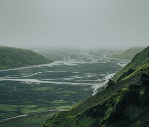 Preview wallpaper valley, river, aerial view, fog, nature