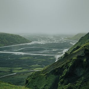 Preview wallpaper valley, river, aerial view, fog, nature