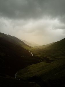 Preview wallpaper valley, river, fog, slope