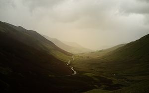 Preview wallpaper valley, river, fog, slope