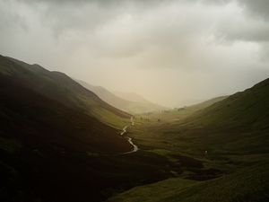 Preview wallpaper valley, river, fog, slope