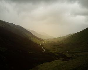 Preview wallpaper valley, river, fog, slope