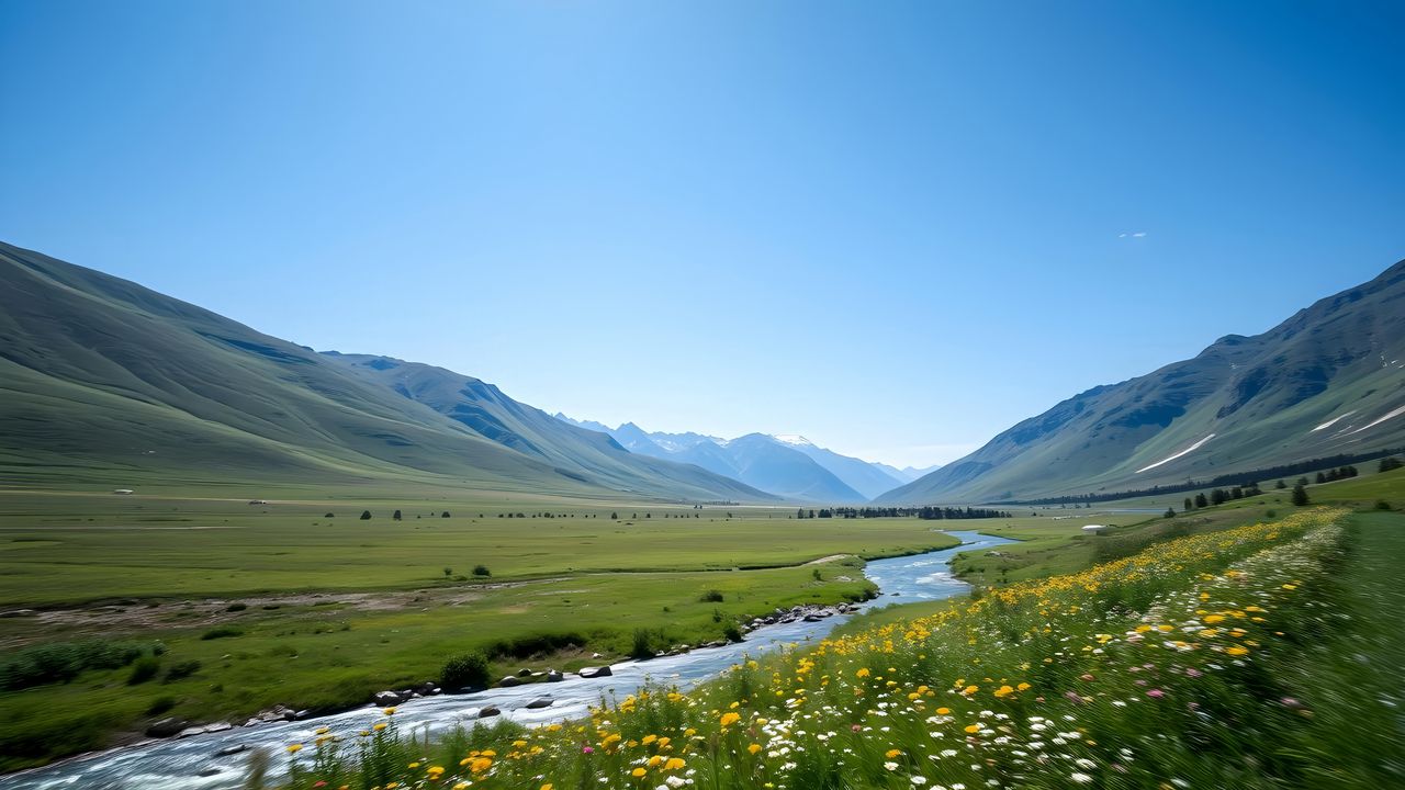 Wallpaper valley, river, mountains, landscape, grass