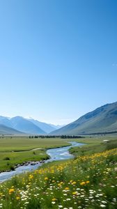 Preview wallpaper valley, river, mountains, landscape, grass