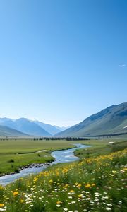 Preview wallpaper valley, river, mountains, landscape, grass