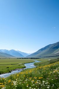 Preview wallpaper valley, river, mountains, landscape, grass