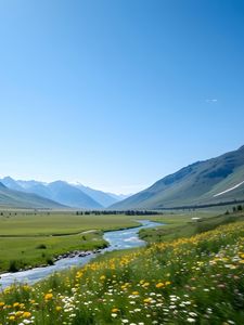 Preview wallpaper valley, river, mountains, landscape, grass