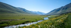 Preview wallpaper valley, river, mountains, landscape, grass