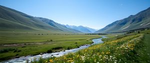 Preview wallpaper valley, river, mountains, landscape, grass