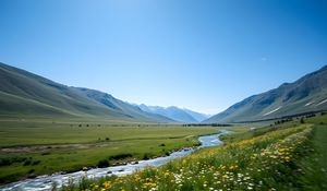 Preview wallpaper valley, river, mountains, landscape, grass