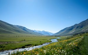 Preview wallpaper valley, river, mountains, landscape, grass