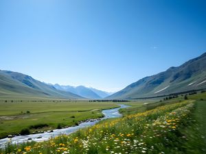 Preview wallpaper valley, river, mountains, landscape, grass