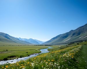 Preview wallpaper valley, river, mountains, landscape, grass