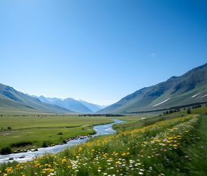 Preview wallpaper valley, river, mountains, landscape, grass