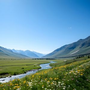 Preview wallpaper valley, river, mountains, landscape, grass