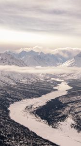 Preview wallpaper valley, river, snow, mountains, clouds, winter